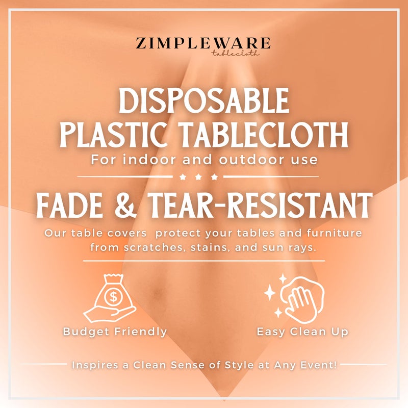 ZIMPLEWARE Premium Peach Plastic Table Cloth Disposable (12 Pk) Plastic Tablecloths for Rectangle Tables (54in x 108in) Party Table Cloths Disposable for 6ft to 8ft Rectangle Tables - Image 2
